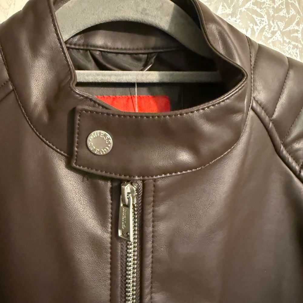 Guess Women’s Cocoa Bean Brown Faux Leather Bicker Jacket, NWT, Sz Small - Picture 2 of 9